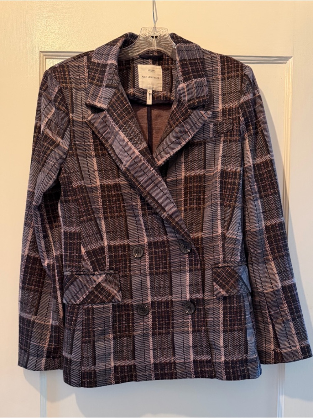Avec Les Filles Lavender & Brown Plaid Double-Breasted Blazer